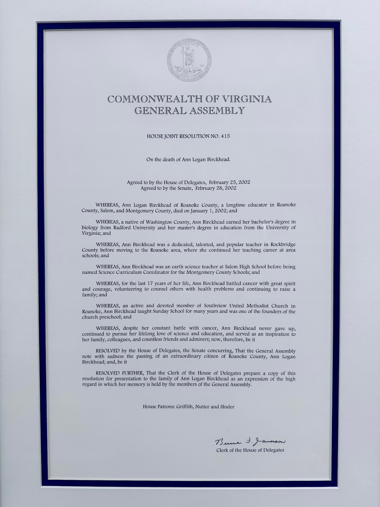 Commonwealth of Virginia General Assembly House Joint Resolution No. 415 honoring the life of Ann Logan Birckhead, agreed to February 2002