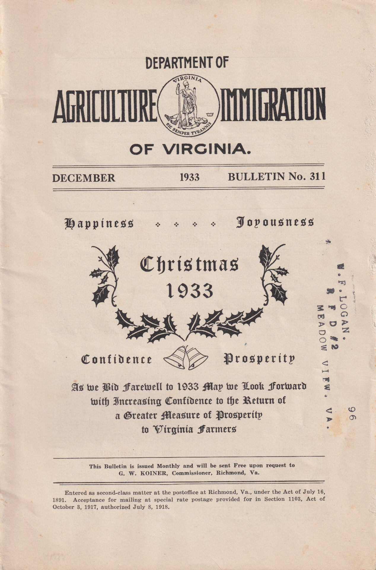 Virginia Department of Agriculture & Immigration Bulletin, Christmas 1933, addressed to W.F. Logan, Meadow View, VA