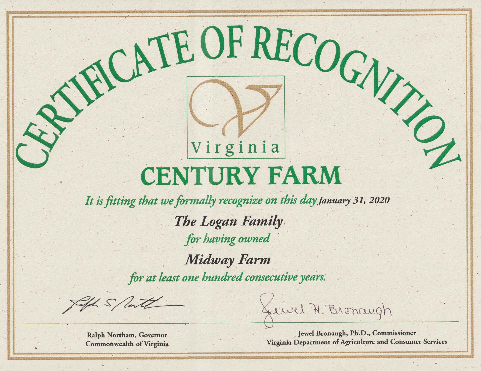 Virginia Century Farm Certificate of Recognition awarded to the Logan Family for Midway Farm, signed by Governor Ralph Northam