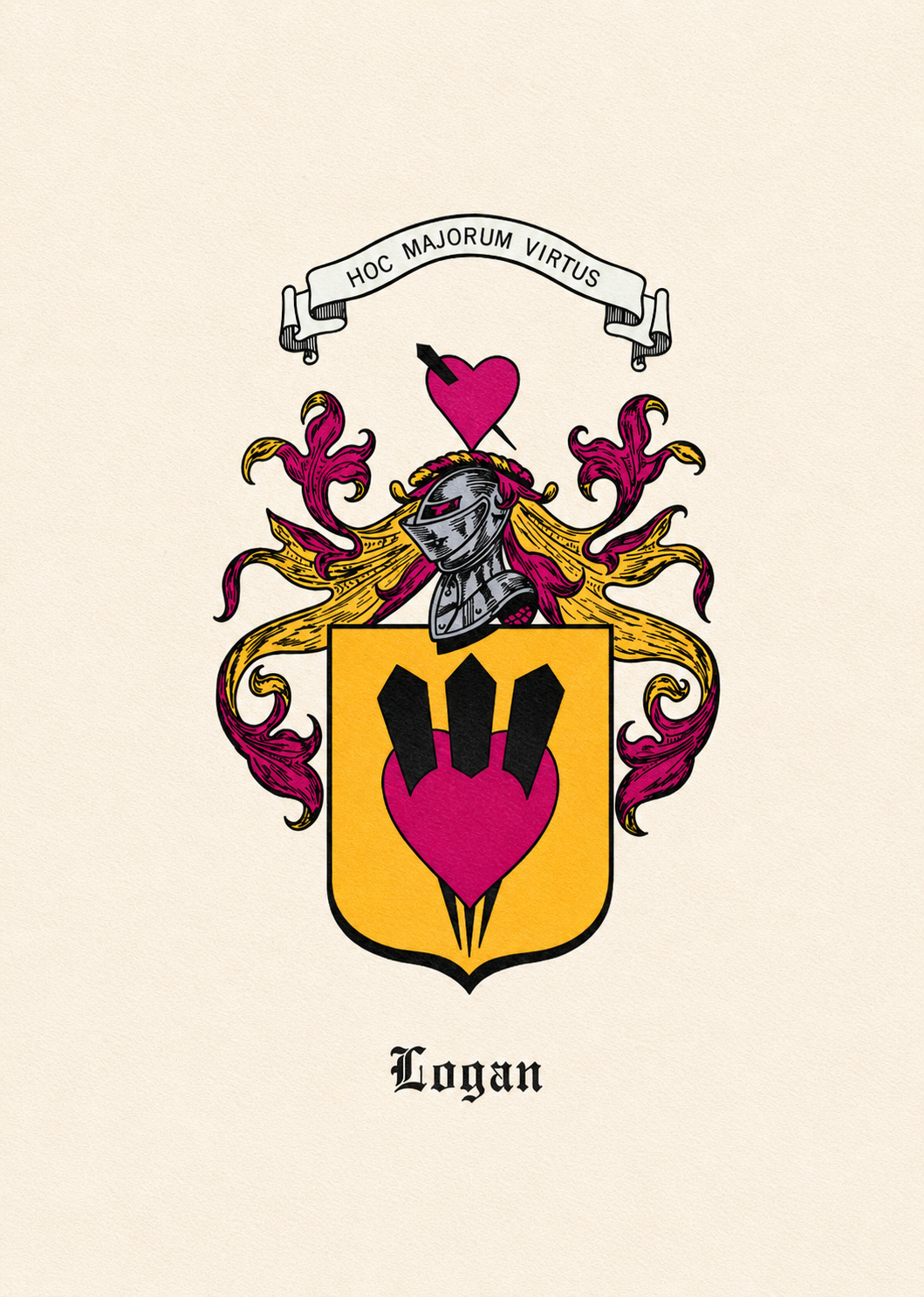 Scottish Clan Logan family crest with shield, helm, and banner reading 'Hoc Majorum Virtus' — 'This is the valour of my ancestors'