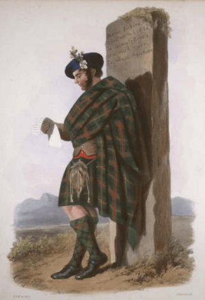 Illustration of a Logan clansman wearing the Logan Scottish tartan, from R. R. McIan's 19th-century Highland clans series