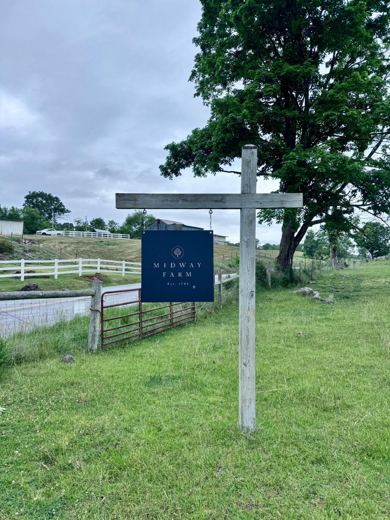 The Midway Farm entrance sign hanging from a wooden post by the road, with pasture, barn, and maple tree behind it, 2026