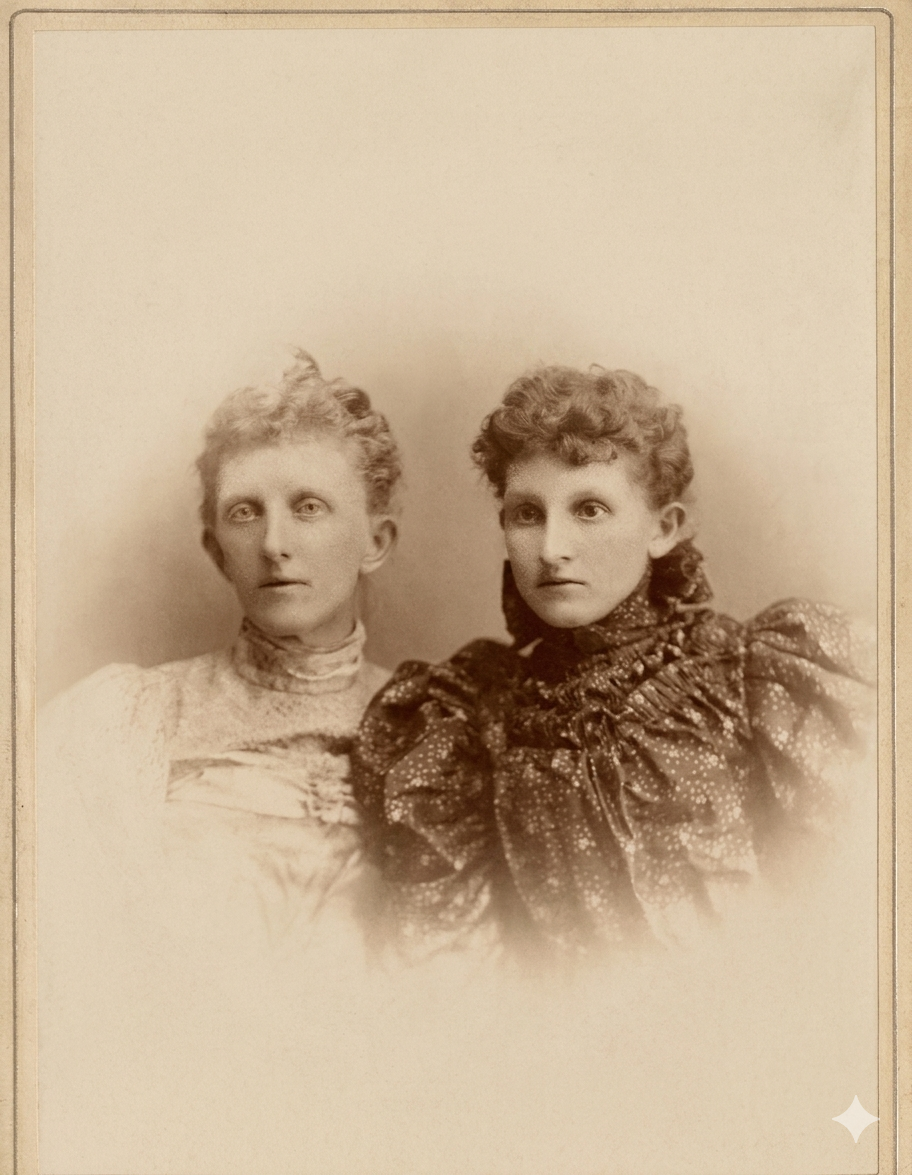 Sepia portrait of two women circa 1850, Nina Sandefer Logan on the left