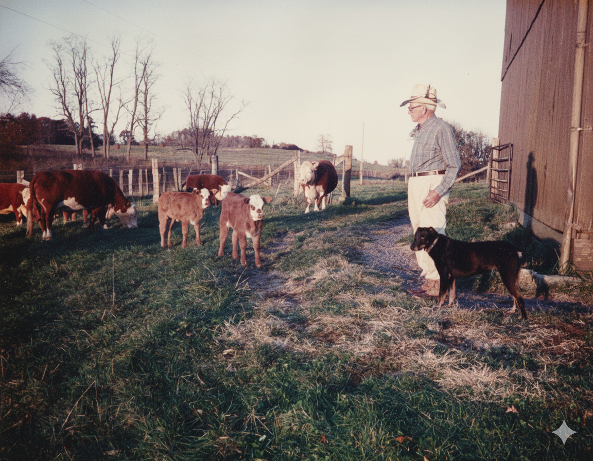 Sylvester Logan with cattle and dog at the barn