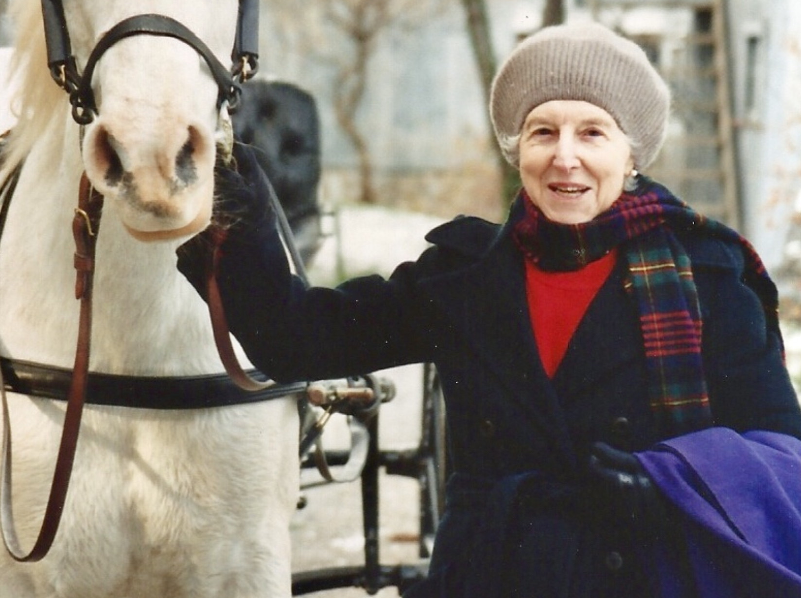 Woman with a white carriage horse in winter